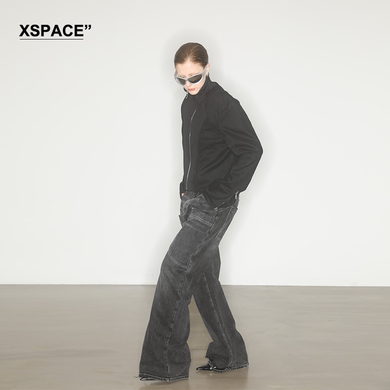 【XSPACE】AXYPAGES 23FW 定制水洗黑灰色阔形口袋直筒牛仔长裤 - 图2