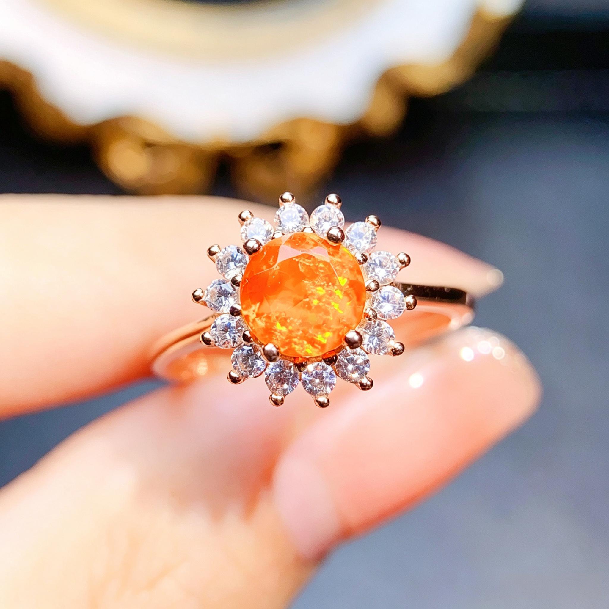Winter Warm Sun Natural Fire Opal Sunflower Girl Ring