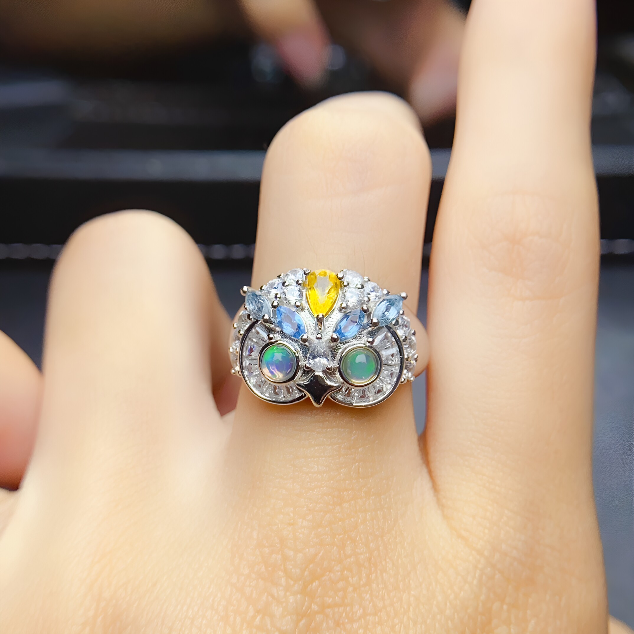 Natural Opal Owl Ring