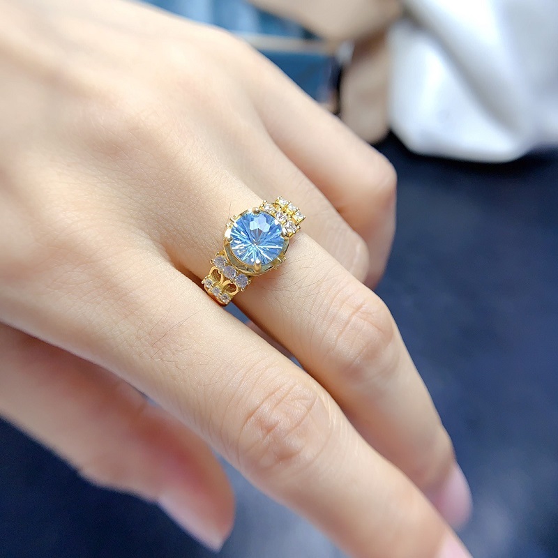 天然托帕石烟花切工戒指女s925纯银镀18k金镶嵌宝石8*8满火彩指环 - 图0