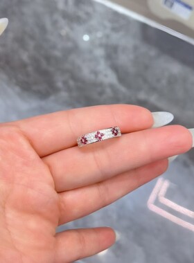 天然老烧红宝石S925银戒指四叶草