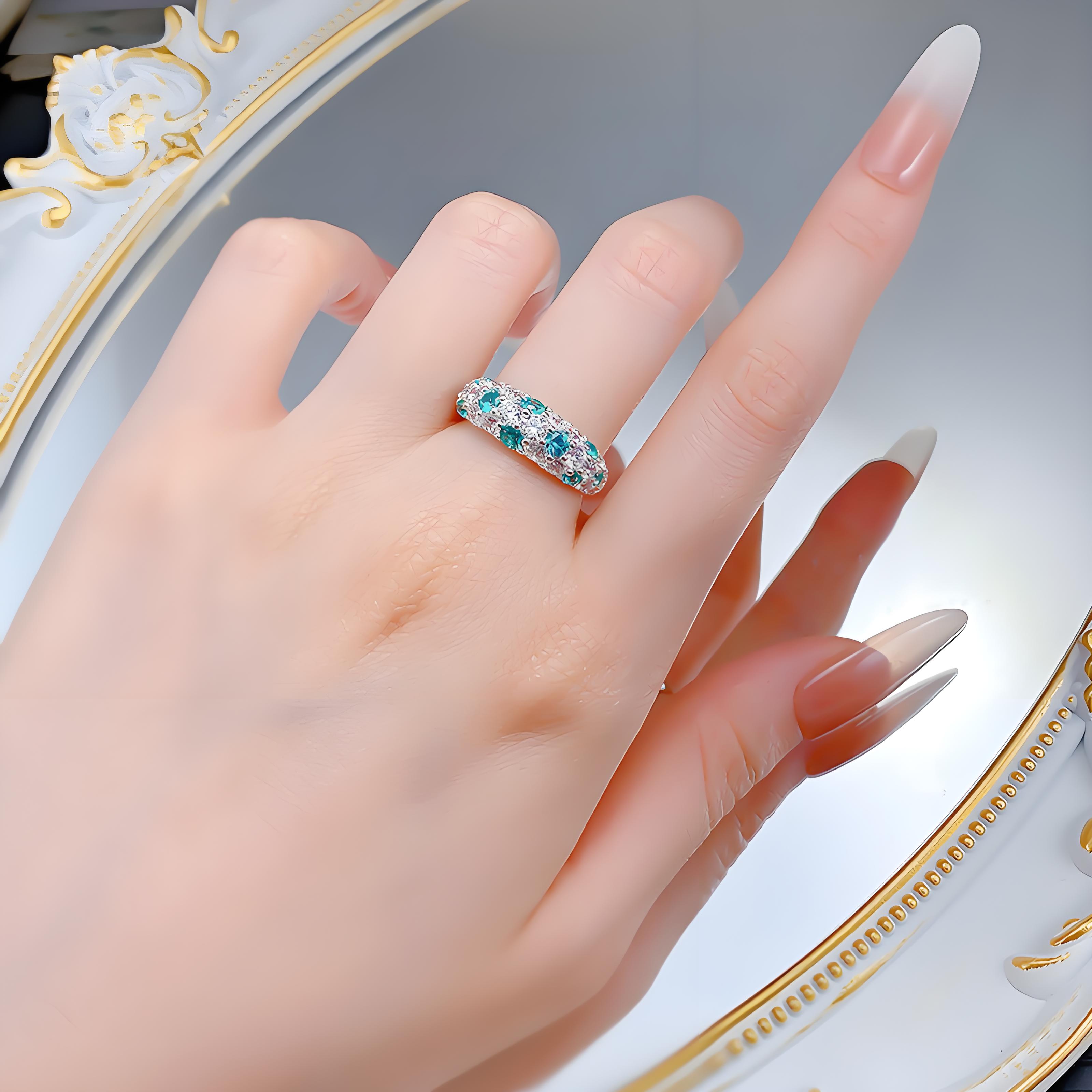 S925 sterling silver ring full of diamonds mint green Paraiba