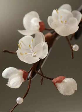 娟纱梅花发簪非遗蚕丝绒花白色系花朵盘发簪复古旗袍发饰感