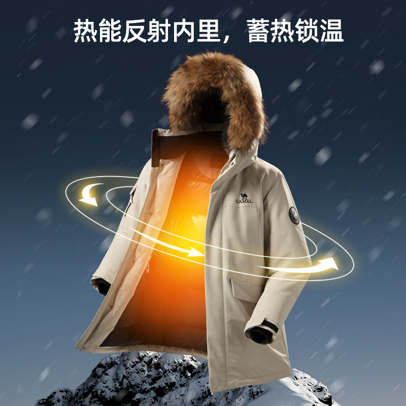 骆驼男装中长款派克羽绒服男冬季2024新款加厚大毛领保暖工装外套