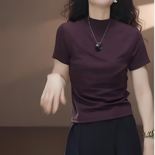 莱赛尔天丝面膜T女2026夏季新款小立领短袖正肩百搭气质显瘦上衣 - 图2