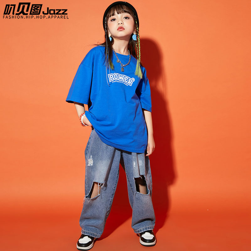 街舞儿童潮服夏季炸街男童hiphop套装演出服女童嘻哈短袖破洞牛仔-图3