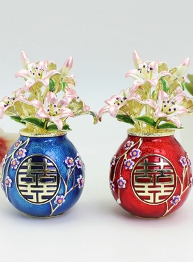 珐琅彩合金百合花瓶摆件新婚结婚礼物家居客厅装饰品轻奢工艺品