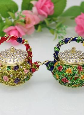 日韩时尚轻奢复古珐琅彩合金工艺品镶钻茶壶创意装饰摆件礼物