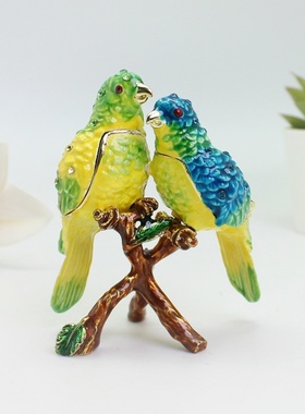 合金工艺品爱情鸟首饰盒摆件珐琅彩人工彩绘双鸟家居创意摆件