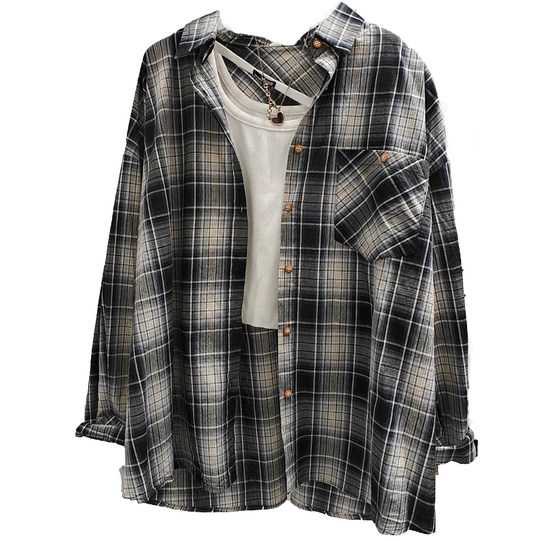 Korean lazy loose retro plaid long-sleeved shirt for women 2025 spring new sunscreen shirt for women casual thin jacket