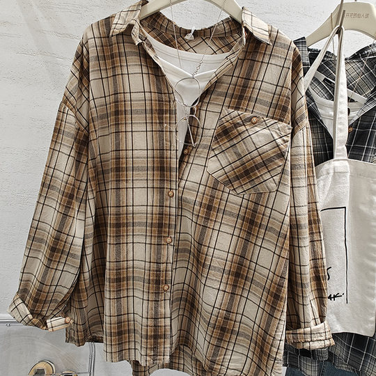 Korean lazy loose retro plaid long-sleeved shirt for women 2025 spring new sunscreen shirt for women casual thin jacket