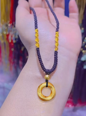 八方来财实心平安扣莲花黑绳项链