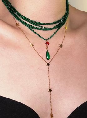 小众高级感choker绿色叠戴项链法式复古锁骨链女长款吊坠链