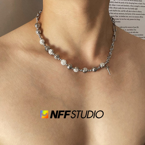 NFF星芒白耀冰裂玉珠钛钢拼接项链男高级感轻奢小众嘻哈潮锁骨链 - 图1