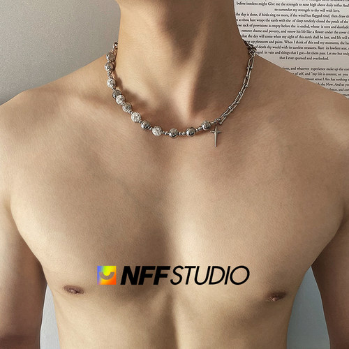 NFF星芒白耀冰裂玉珠钛钢拼接项链男高级感轻奢小众嘻哈潮锁骨链 - 图2
