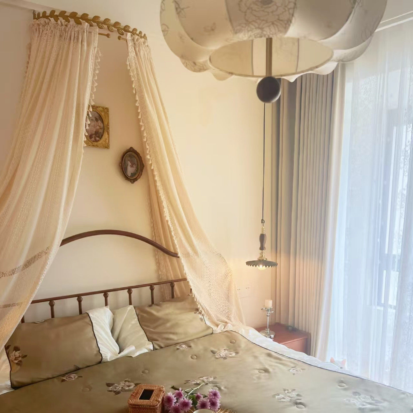 新款中古风床幔蕾丝流苏床头纱幔装饰法式复古米色美式简约带架子,淘宝优惠券,粉丝福利购,淘宝优惠卷