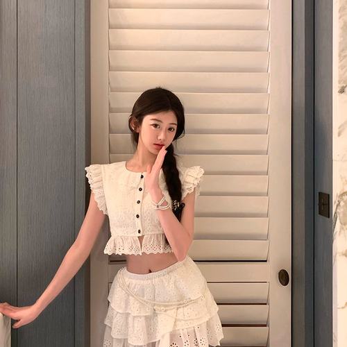 A ice of vale 千奈凉子 白色短款小衫蛋糕半裙女春季甜美套装裙 - 图0