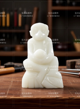 天然白玉精雕生肖猴摆件纳福