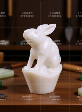 白玉精雕招财镇宅生肖兔玉石摆件