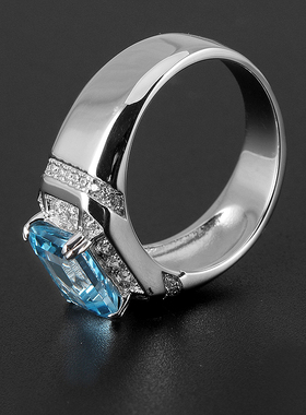 天然瑞士蓝托帕石男戒指纯银镀金