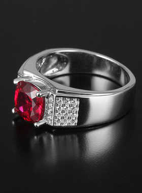 精致时尚纯银镀金红宝石戒指男