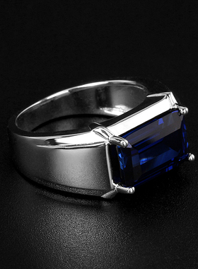 蓝宝石戒指镀白金潮男简单款刻字