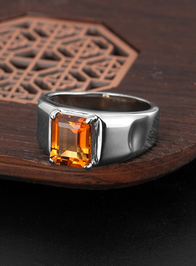简约天然黄晶戒指男925银镀白金