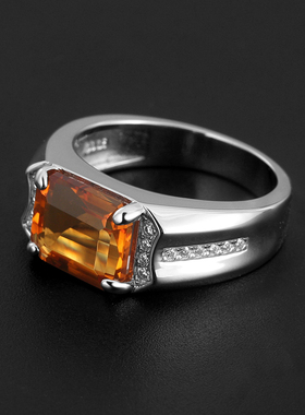 精工纯银黄晶戒指男潮流免费刻字