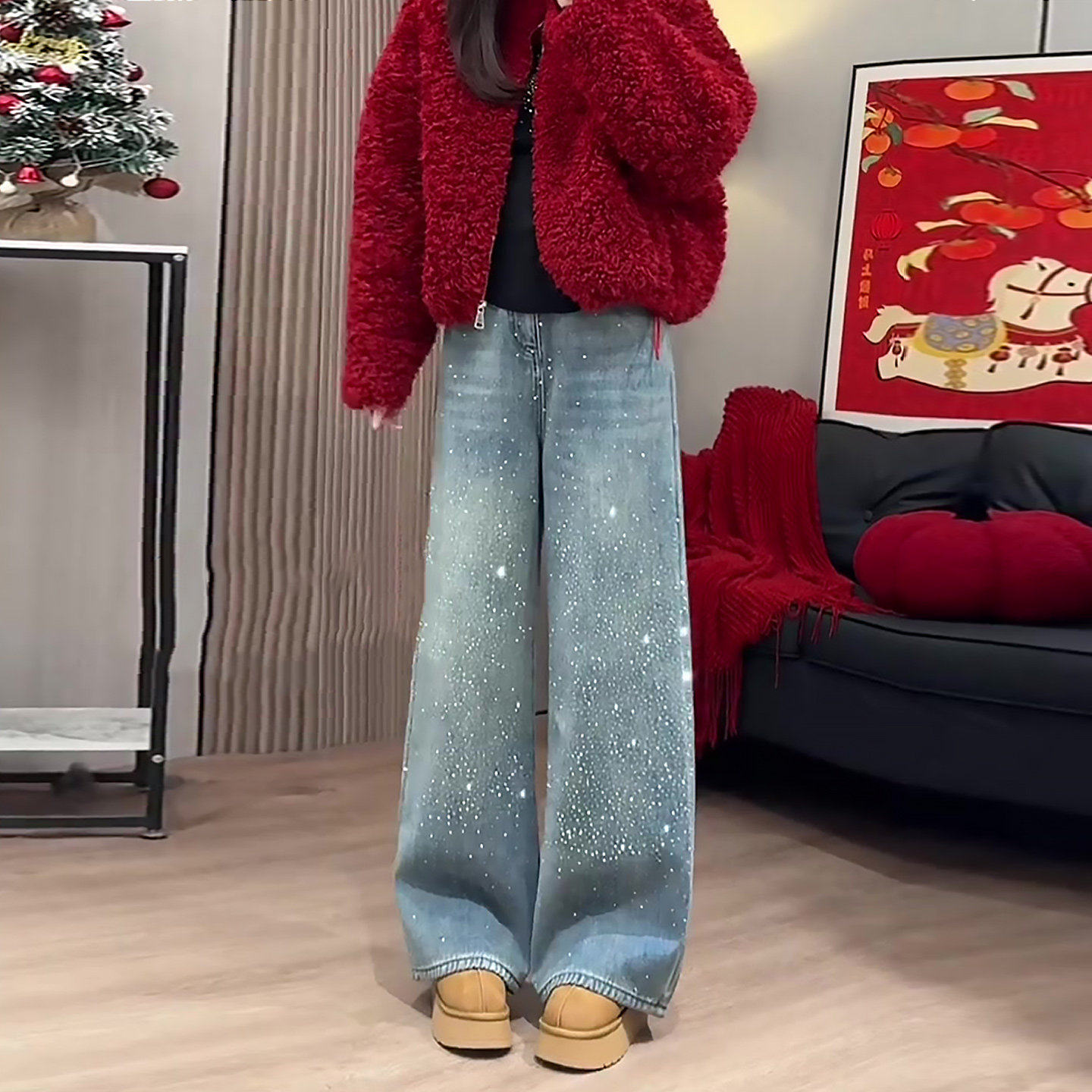 复古蓝色爆闪烫钻阔腿牛仔裤女2026春季新款小个子巨好看直筒裤子,淘宝优惠券,粉丝福利购,淘宝优惠卷