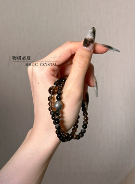 乌木沉香|新中式天然银耀石茶水晶沉香手串双圈S925银配饰手链