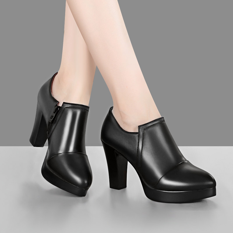 牛皮卷高跟深口单鞋女粗跟2025新款加绒防水台旗袍走秀鞋职业工鞋,淘宝优惠券,粉丝福利购,淘宝优惠卷