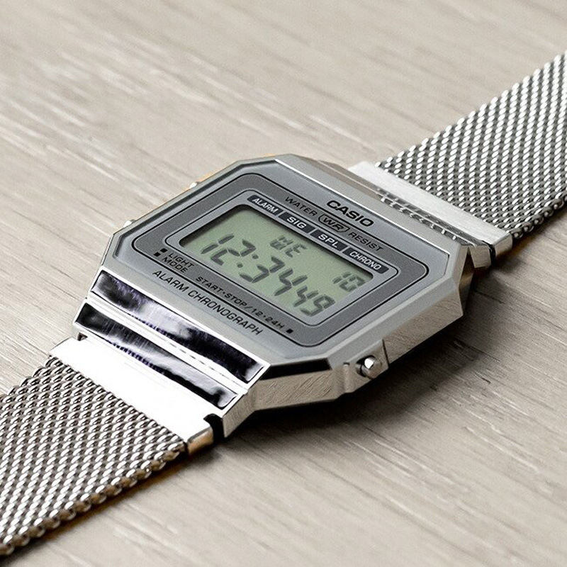 卡西欧手表CASIO A700WM-7A 复古金属方块条纹钢带防水电子表 - 图0