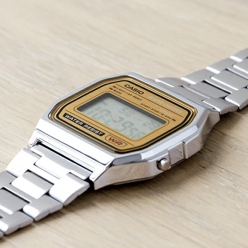 卡西欧CASIO A158WEA-9复古方块七年电力 金面 秒表防水电子手表 - 图0