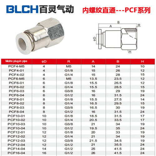 BLCH百灵气动快速插接头内螺纹直通气管接头PCF802/1003/601/1204 - 图2