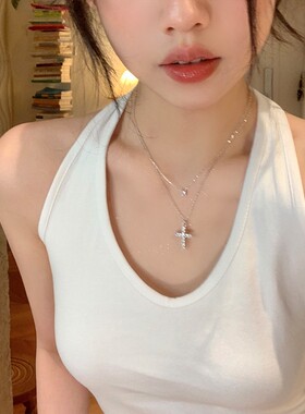 项链戴女十字架BM感叠同款奢小众钻鼻屎高级纯银配饰颈链锁骨链轻