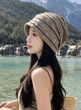 韩版薄棉条纹春夏透气包头帽男女