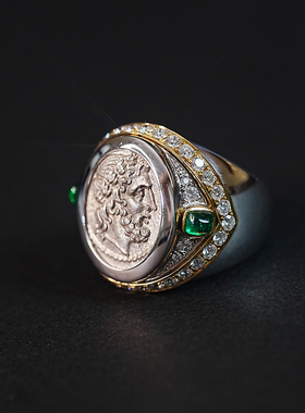 收藏级重磅MS级精品古希腊射手座守护神宙斯古币钻石祖母绿戒指