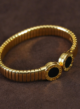 有生珠宝经典弹簧vintage系列双饼黑玛瑙开口手镯18k重金复古手镯