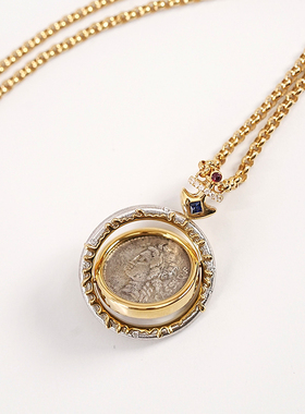 有生珠宝古希腊可翻转酒神古币项链18k金船锚设计双色金项链