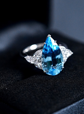 精美天然海蓝宝水滴型戒指18k白金培育钻石镶嵌简约款戒指