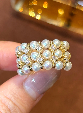 【可定制同款】日本Akoya海水珍珠戒指18k厚金天然钻石珍珠排戒