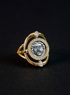 【已出欣赏】超级精美古银币美杜莎镂空翻转18k厚金水滴钻石戒指