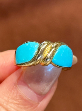 有生珠宝天然原矿绿松石戒指复古简约14k厚金绿松石戒指