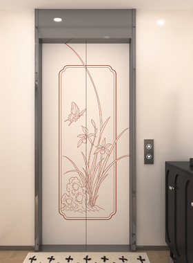 中式线描电梯门贴画禅意国风玄关电梯门翻新贴纸家用入户门装饰贴