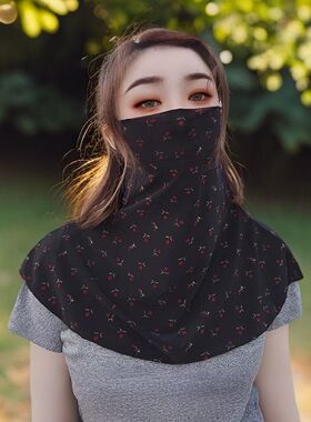 复古印花夏季女士冰丝防晒面纱骑车出行全脸护颈透气轻薄防紫外线