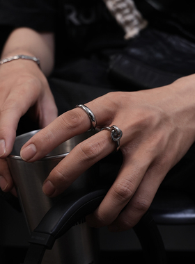 小众中性风双环扣金属银男女戒指