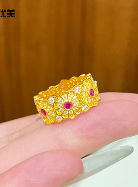 女沙金点钻镂空玫瑰花窗戒指