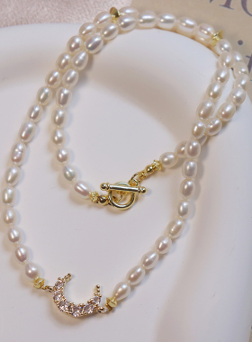 锆石淡水珍珠个性复古小众月亮