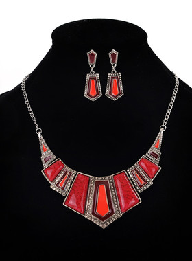 欧美夸张新款复古仿石头树脂加滴油项链配耳环饰品套装 新娘首饰