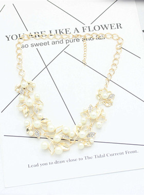 欧美闪钻仿珍珠树叶项链耳环